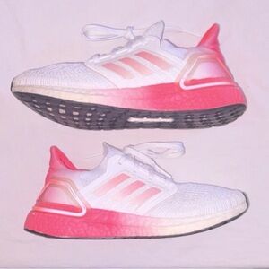 adidas White Pink Knit Lace Up Women’s  Athletic Running Sneaker Low Top